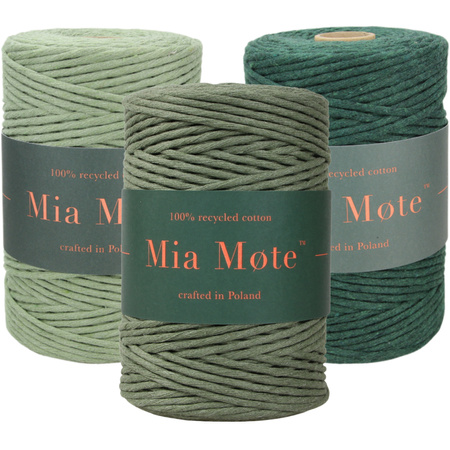 Mia Mote™ Zestaw sznurków do makramy – 3x50 m – Sznurek Bawełniany Skręcany 5 mm – Zestaw PASTELOWY Green Jasper/Serpentin/Emerald